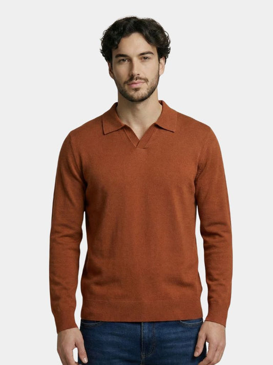 100% Wool Knit V Neck Turndown Polo Pullover - Verocci Essentials