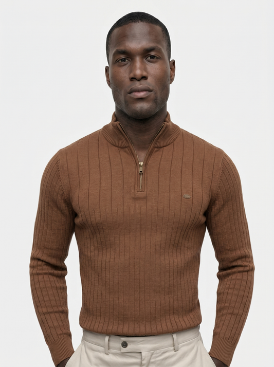 Cotton Knit Vertical Stripes Quarter-Zip Sweater - Verocci Essentials